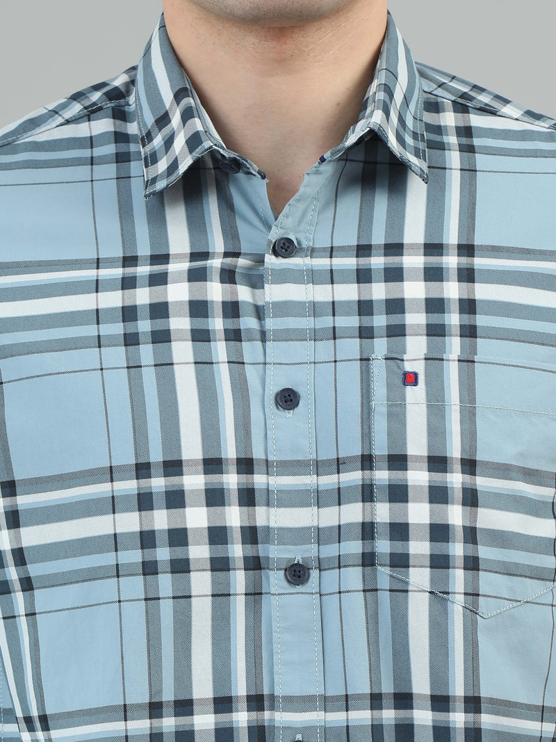 Men Light Blue Slim Fit Checks Full Sleeve Casual Shirt