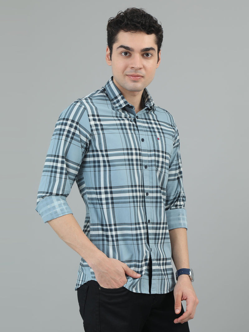 Men Light Blue Slim Fit Checks Full Sleeve Casual Shirt