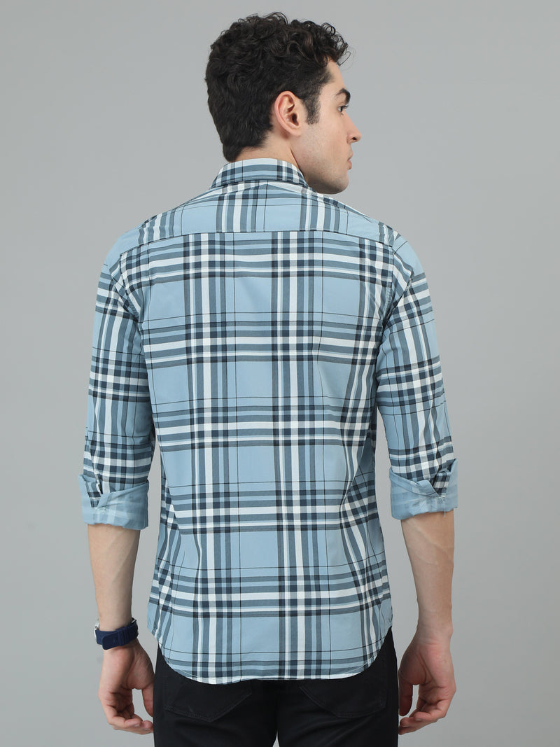 Men Light Blue Slim Fit Checks Full Sleeve Casual Shirt