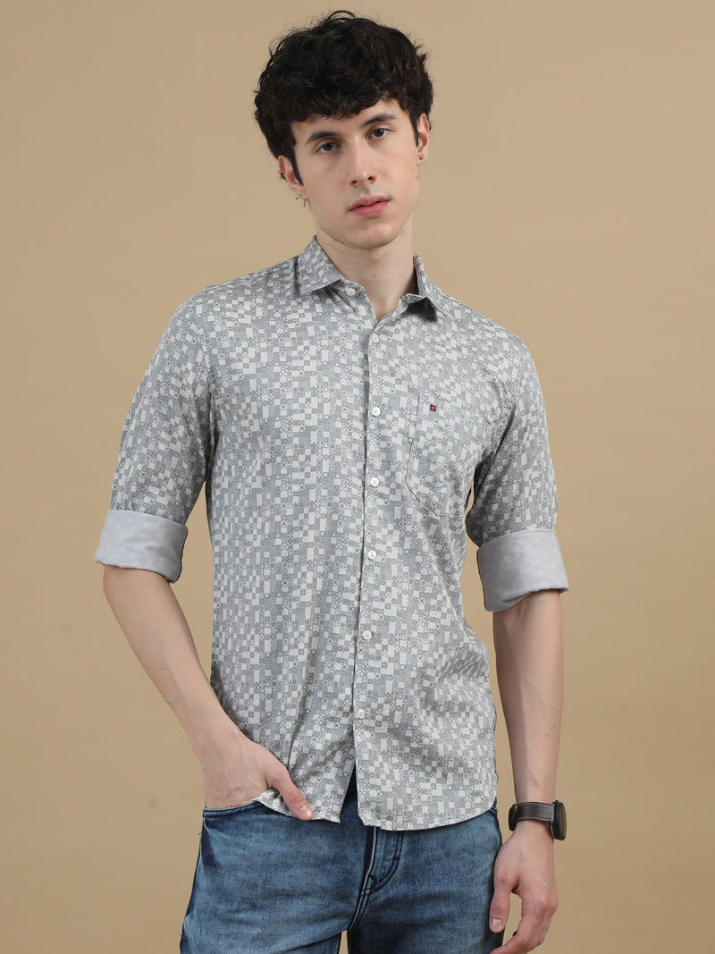 Men Light Grey Slim Fit Printed Full Sleeve Casual Shirt