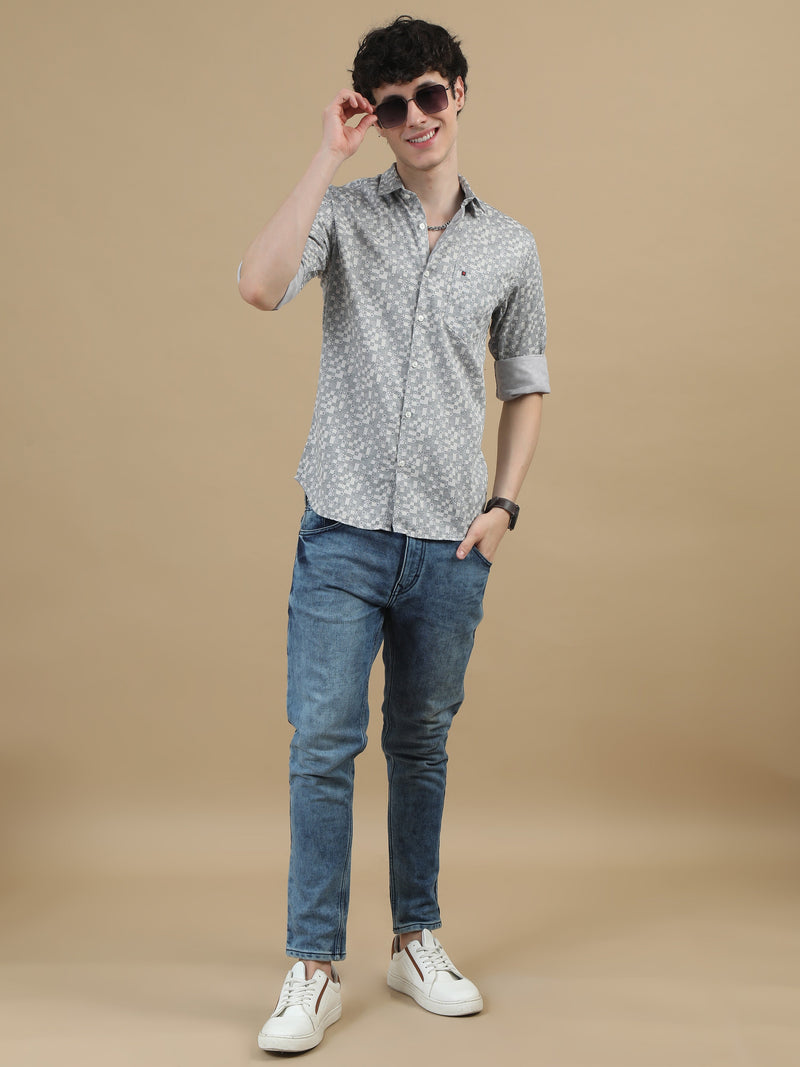 Men Light Grey Slim Fit Printed Full Sleeve Casual Shirt