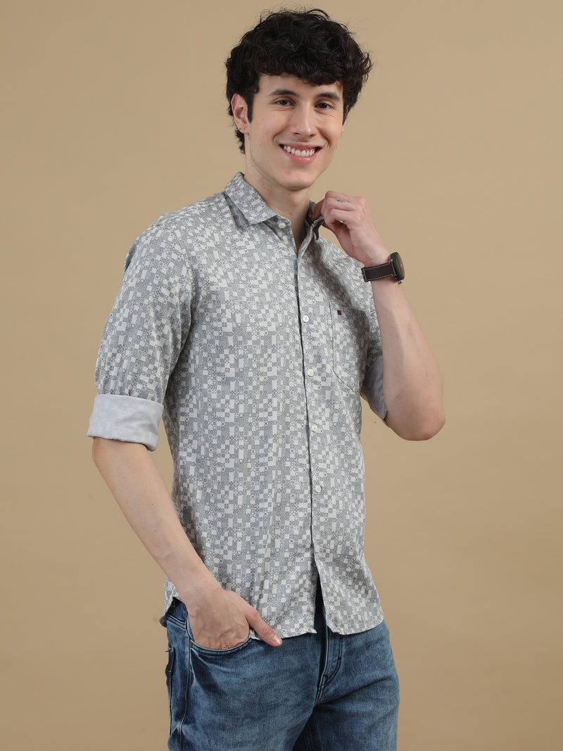 Men Light Grey Slim Fit Printed Full Sleeve Casual Shirt