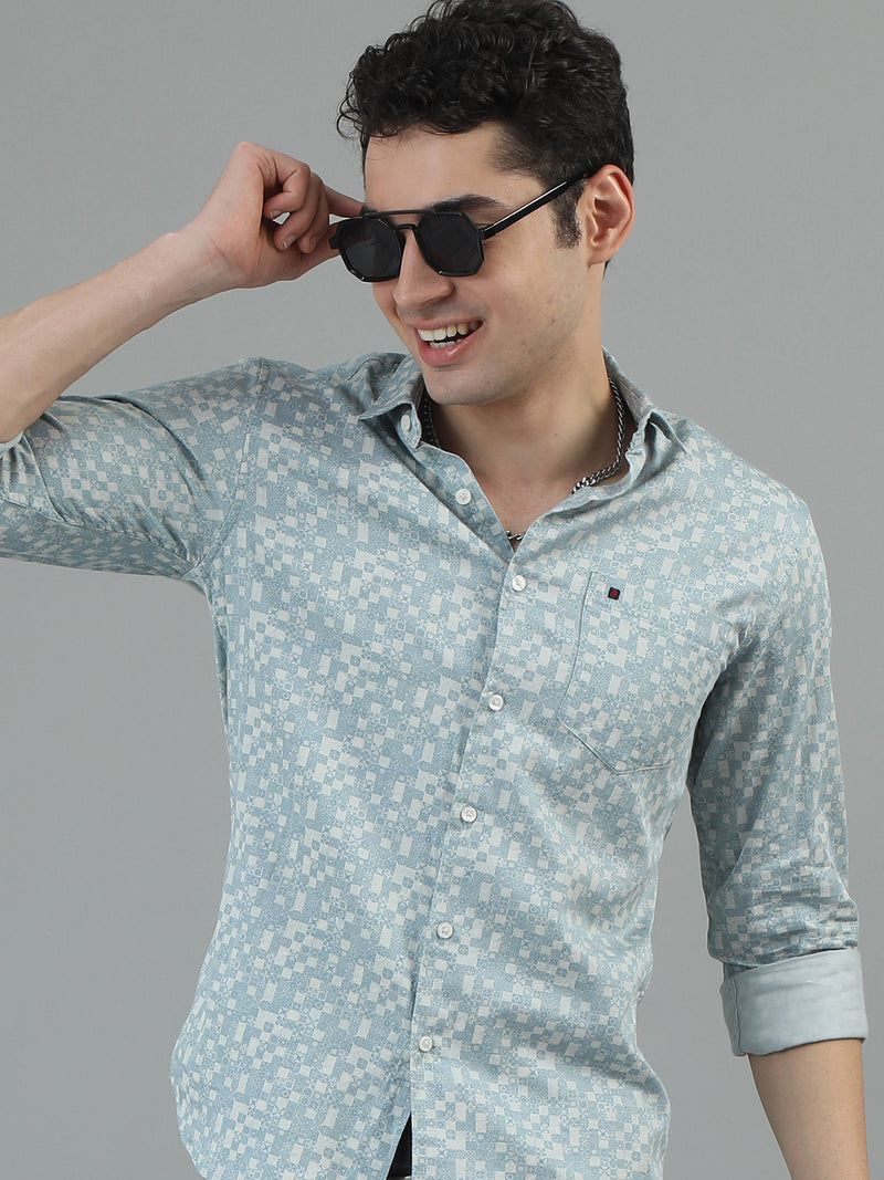 Men Light Green Slim Fit Printed Full Sleeve Casual Shirt