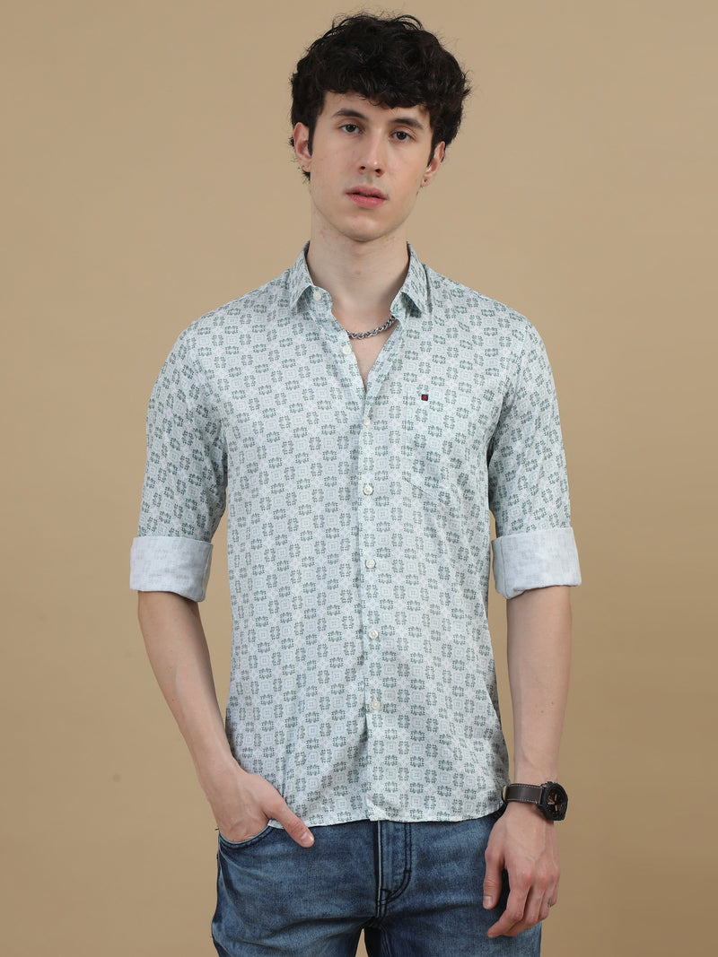 Men Light Green Slim Fit Printed Full Sleeve Casual Shirt