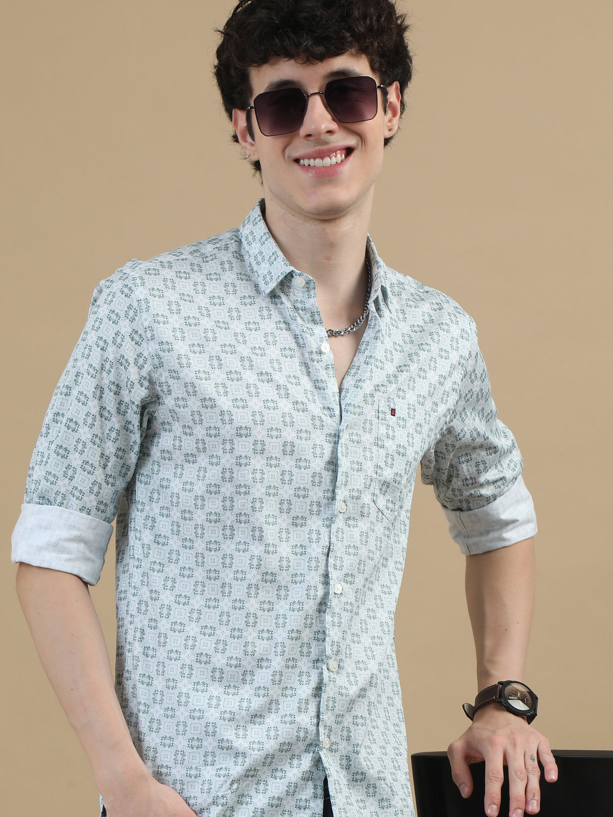 Men Light Green Slim Fit Printed Full Sleeve Casual Shirt