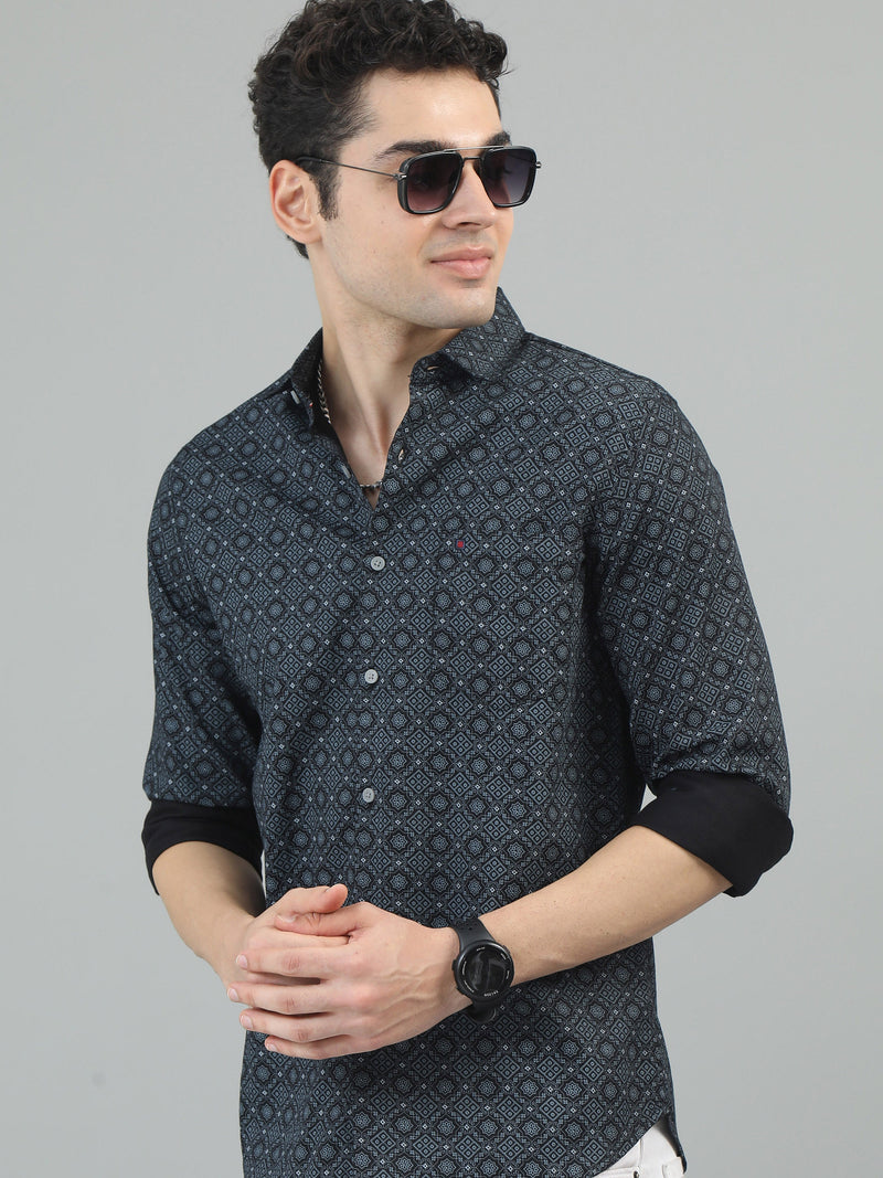 Men Navy Slim Fit Printed Full Sleeve Casual Shirt