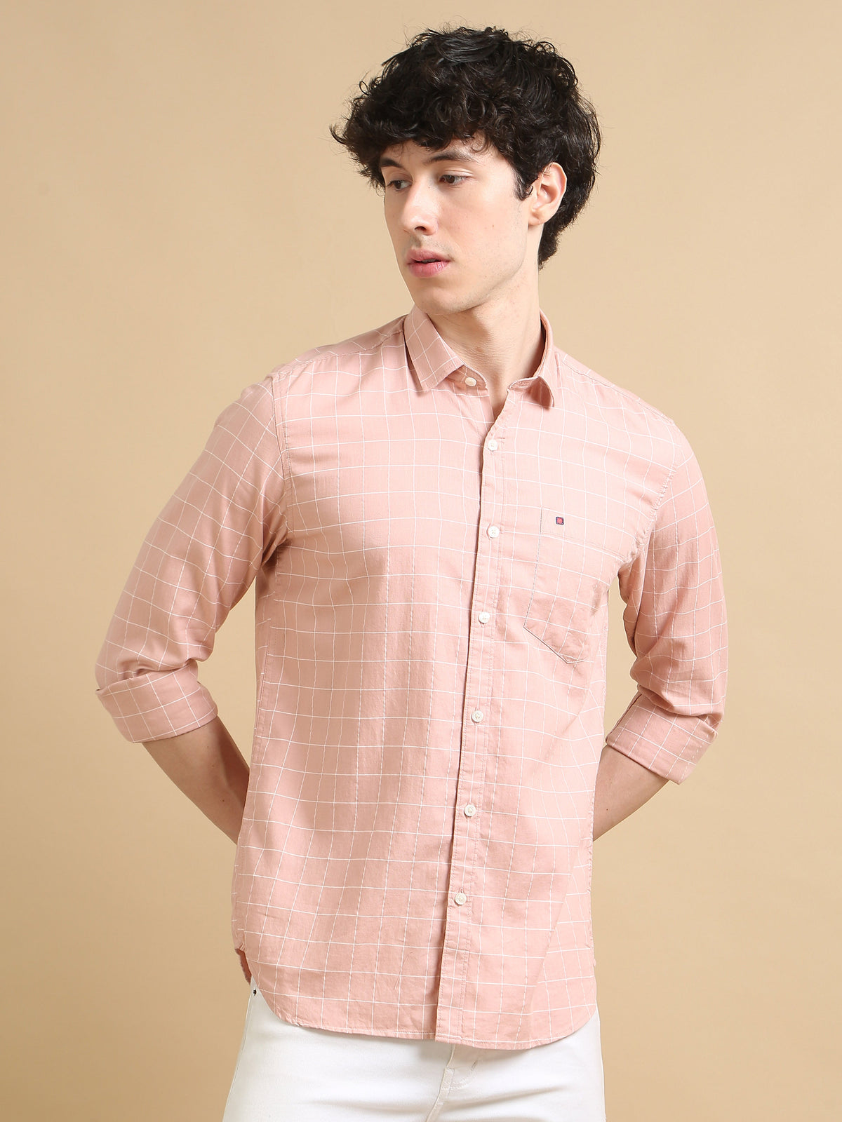 Men Pink Slim Fit Checks Full Sleeve Casual Shirt