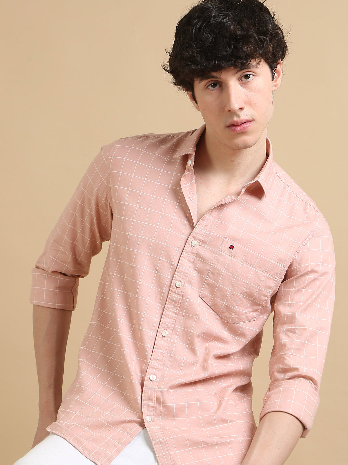 Men Pink Slim Fit Checks Full Sleeve Casual Shirt