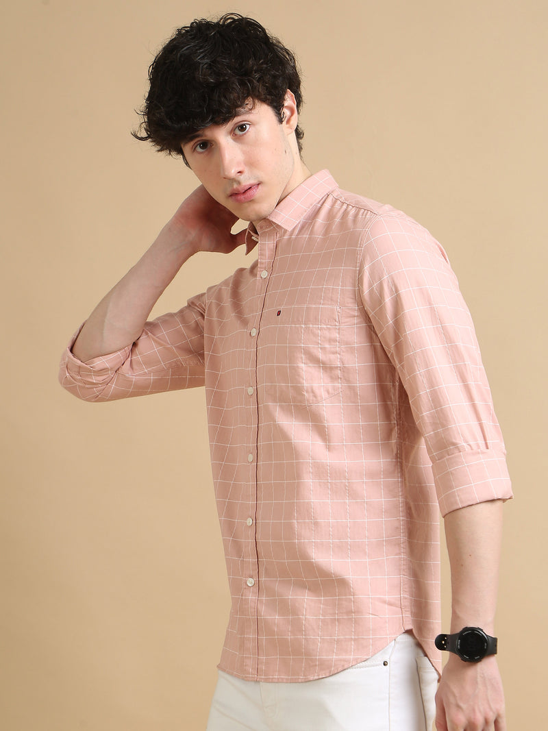 Men Pink Slim Fit Checks Full Sleeve Casual Shirt