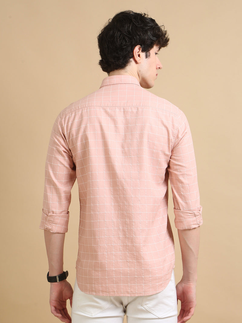 Men Pink Slim Fit Checks Full Sleeve Casual Shirt