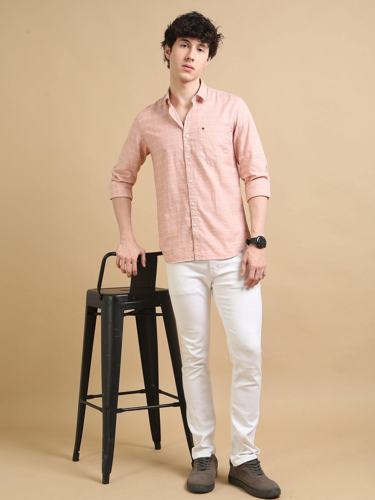 Men Pink Slim Fit Checks Full Sleeve Casual Shirt