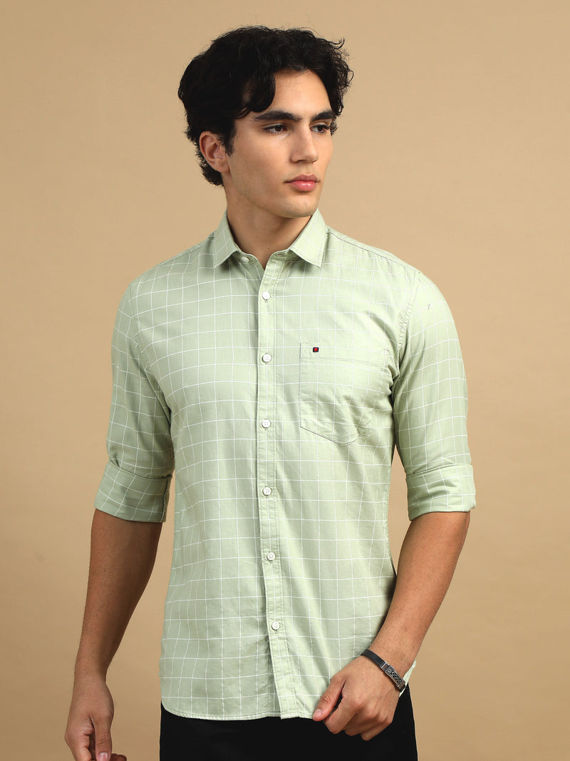 Men Green Slim Fit Checks Full Sleeve Casual Shirt