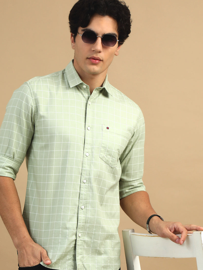 Men Green Slim Fit Checks Full Sleeve Casual Shirt