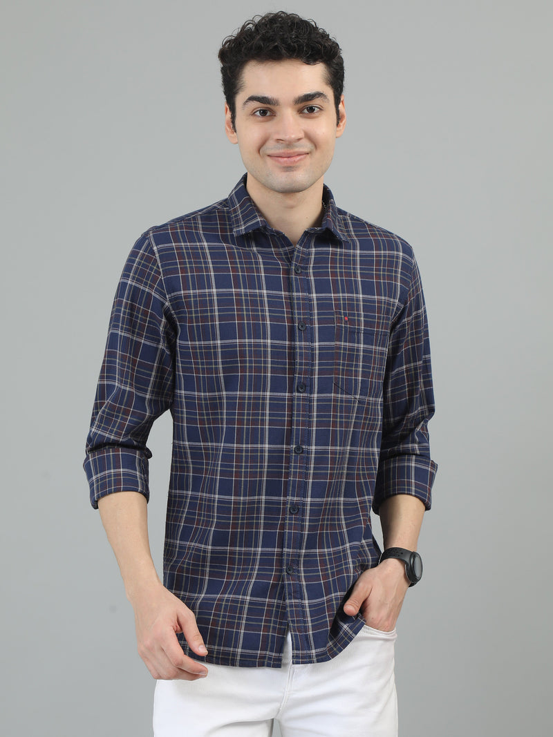 Men Navy Slim Fit Checks Full Sleeve Casual Shirt