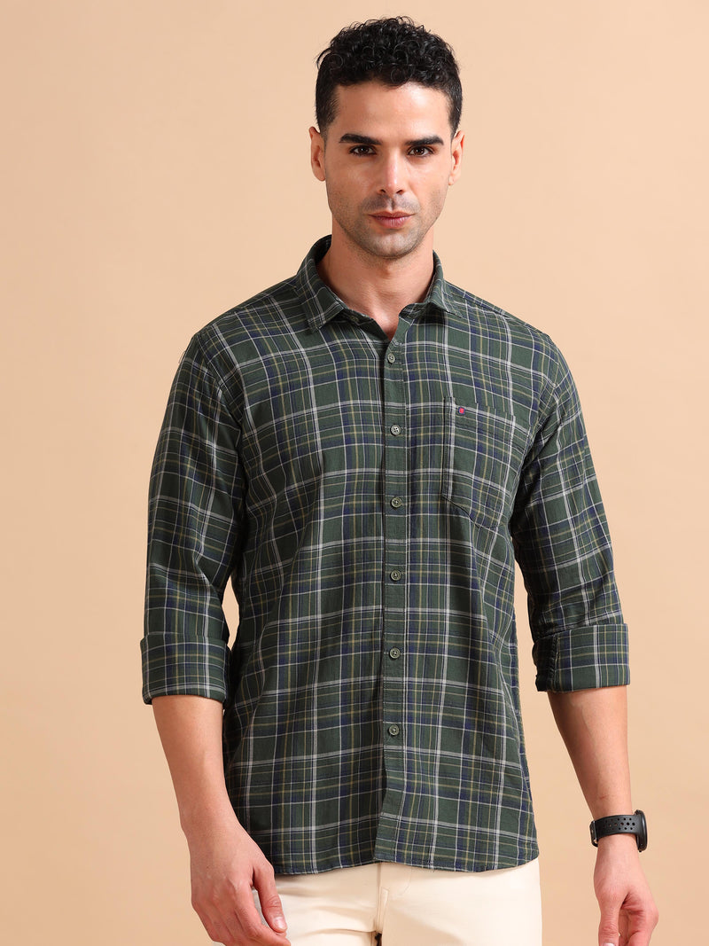 Men Green Regular Fit Checks Full Sleeve Casual Shirt