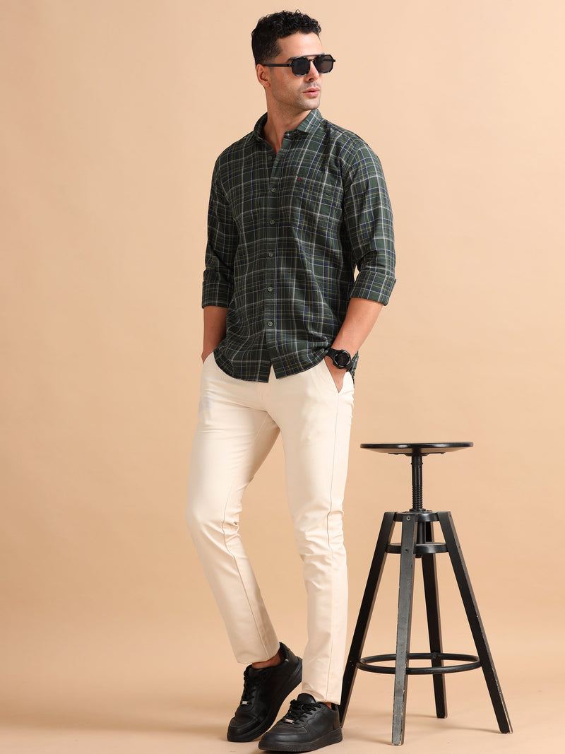 Men Green Regular Fit Checks Full Sleeve Casual Shirt