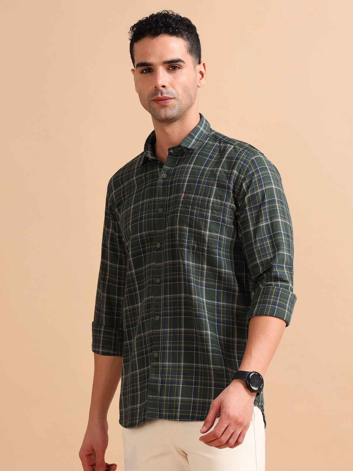 Men Green Regular Fit Checks Full Sleeve Casual Shirt