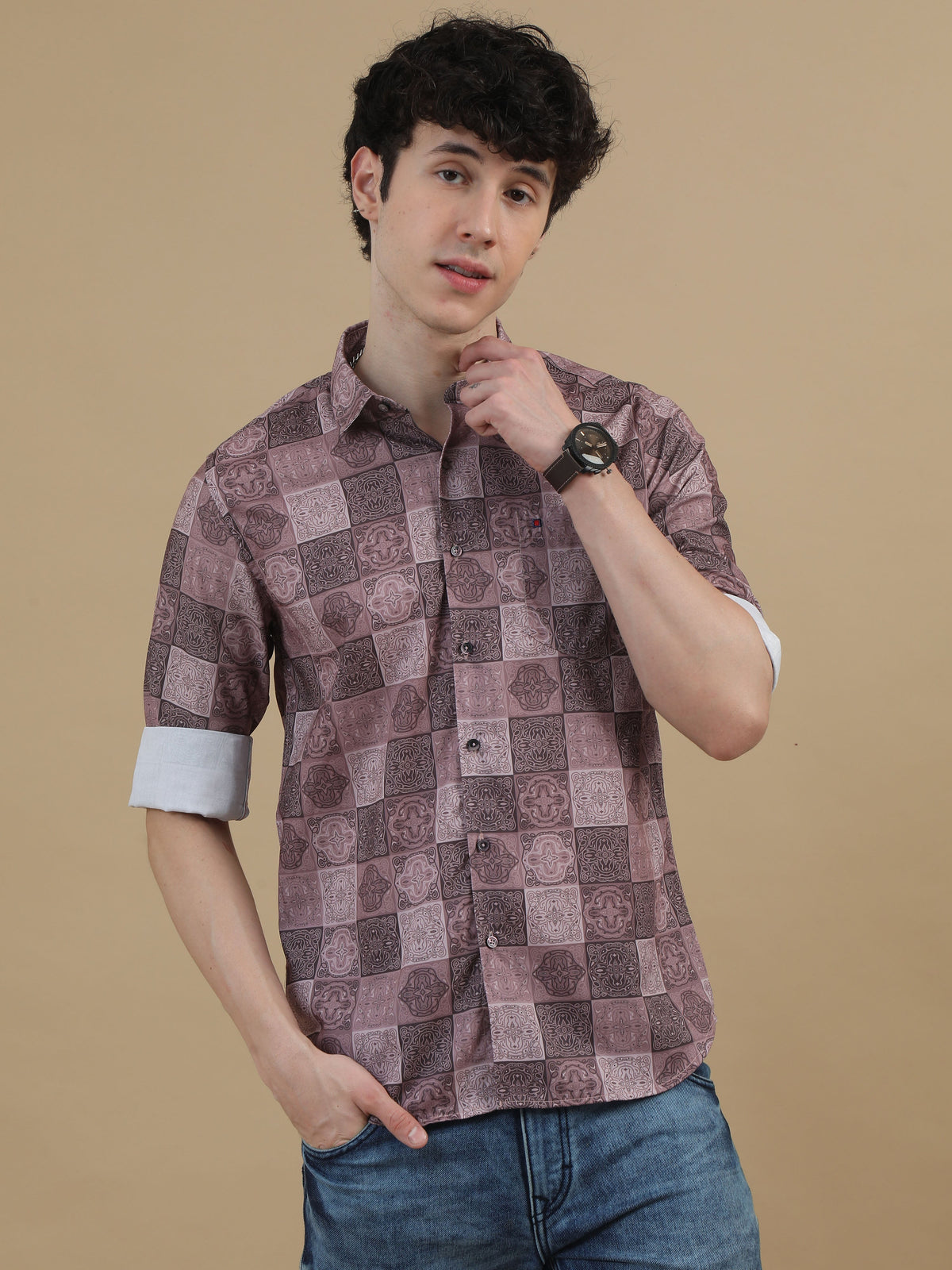 Men Dark Brown Slim Fit Printed Full Sleeve Casual Shirt