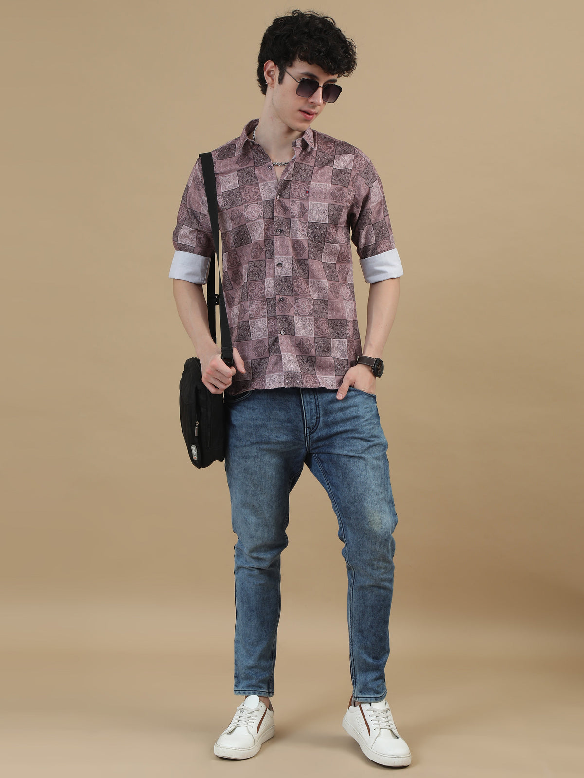 Men Dark Brown Slim Fit Printed Full Sleeve Casual Shirt