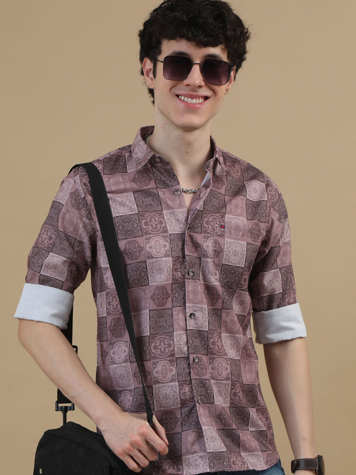 Men Dark Brown Slim Fit Printed Full Sleeve Casual Shirt