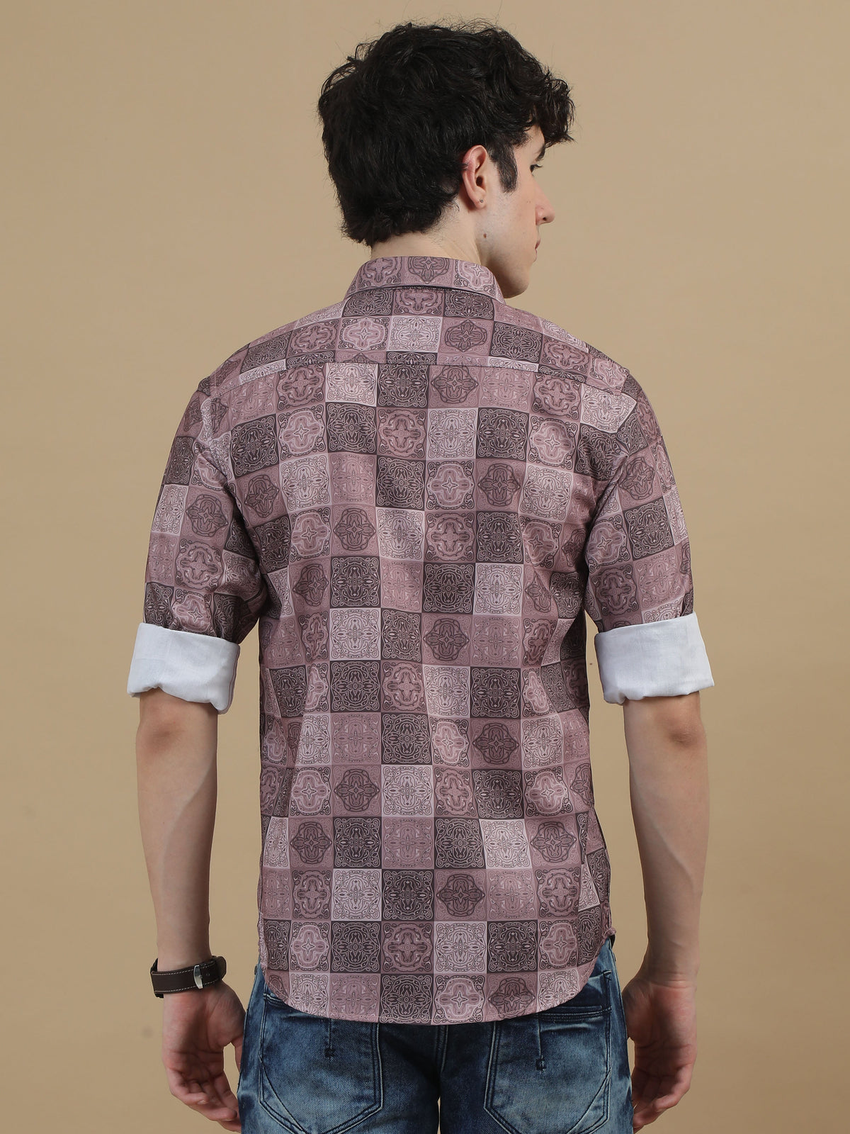 Men Dark Brown Slim Fit Printed Full Sleeve Casual Shirt