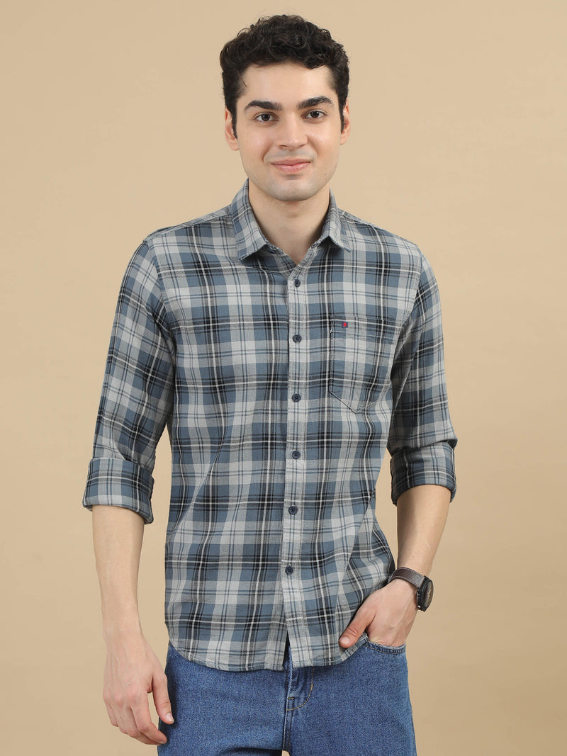 Men Grey Slim Fit Checks Full Sleeve Casual Shirt