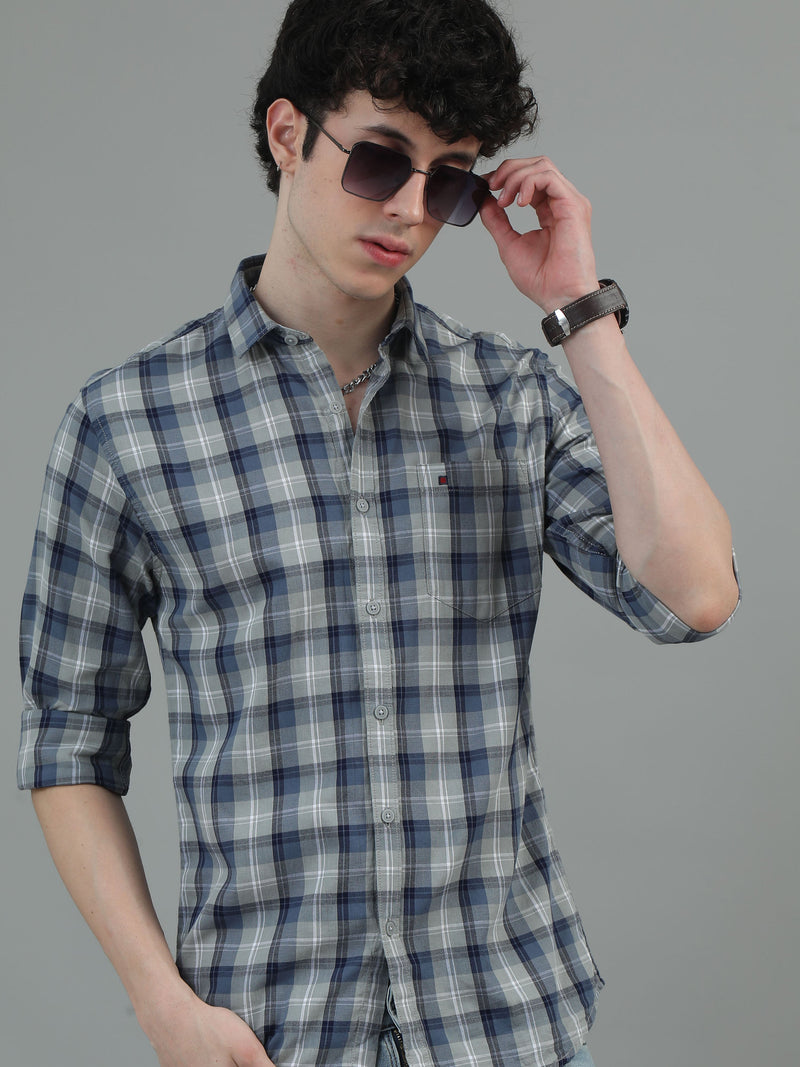 Men Blue & Grey Slim Fit Checks Full Sleeve Casual Shirt