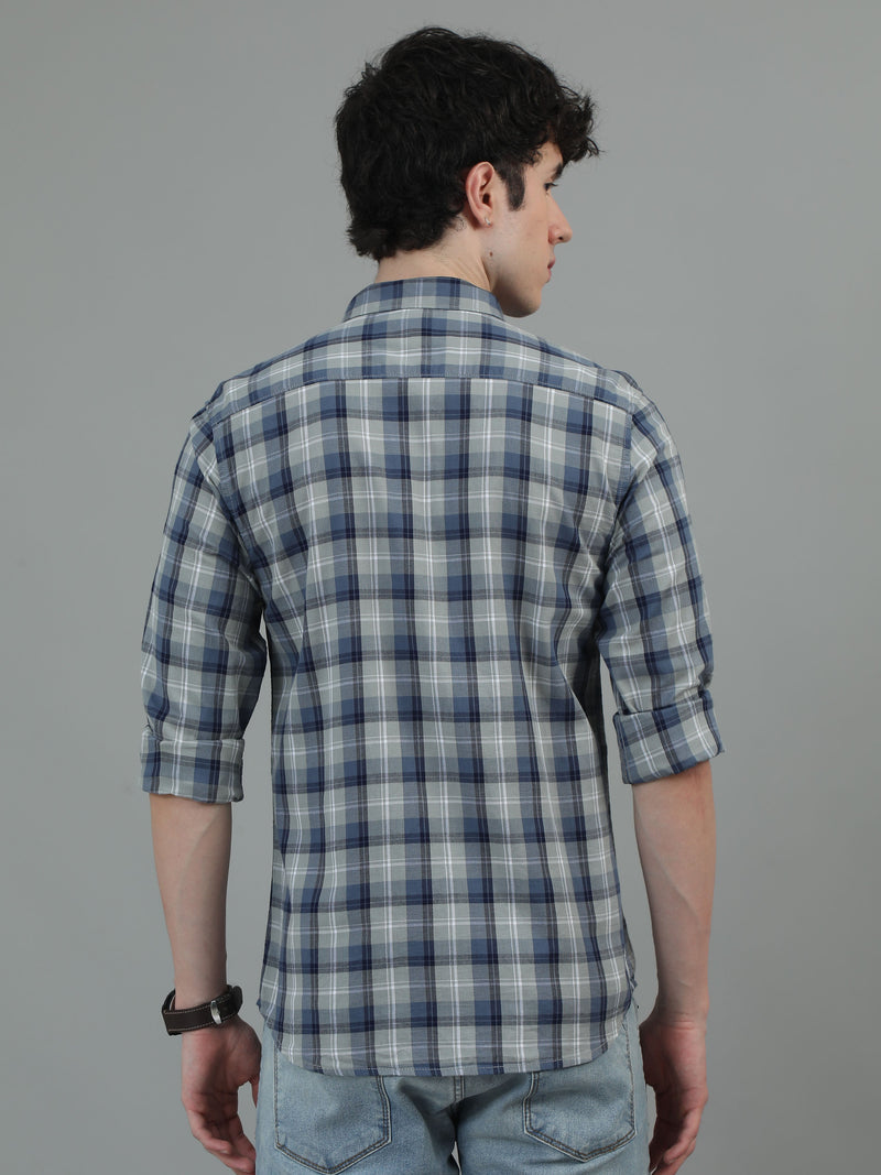 Men Blue & Grey Slim Fit Checks Full Sleeve Casual Shirt