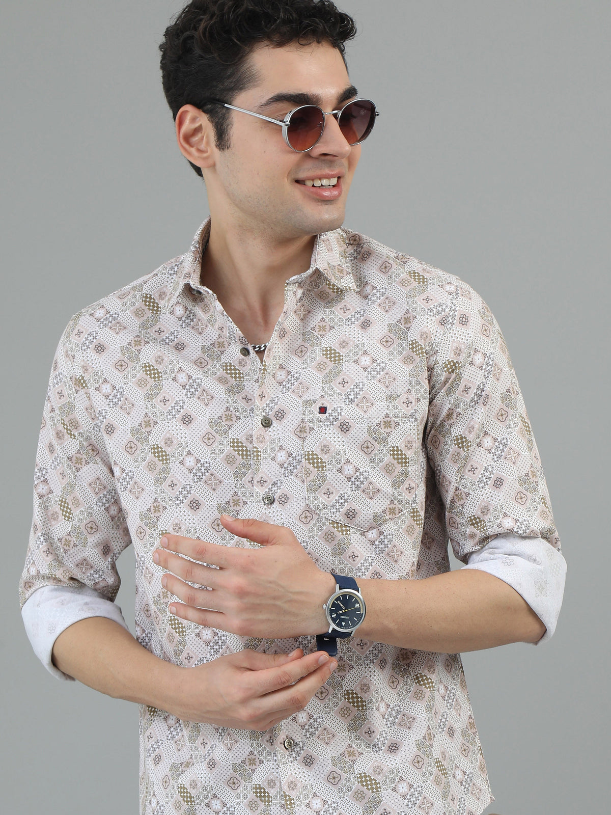 Men Peach Slim Fit Printed Full Sleeve Casual Shirt