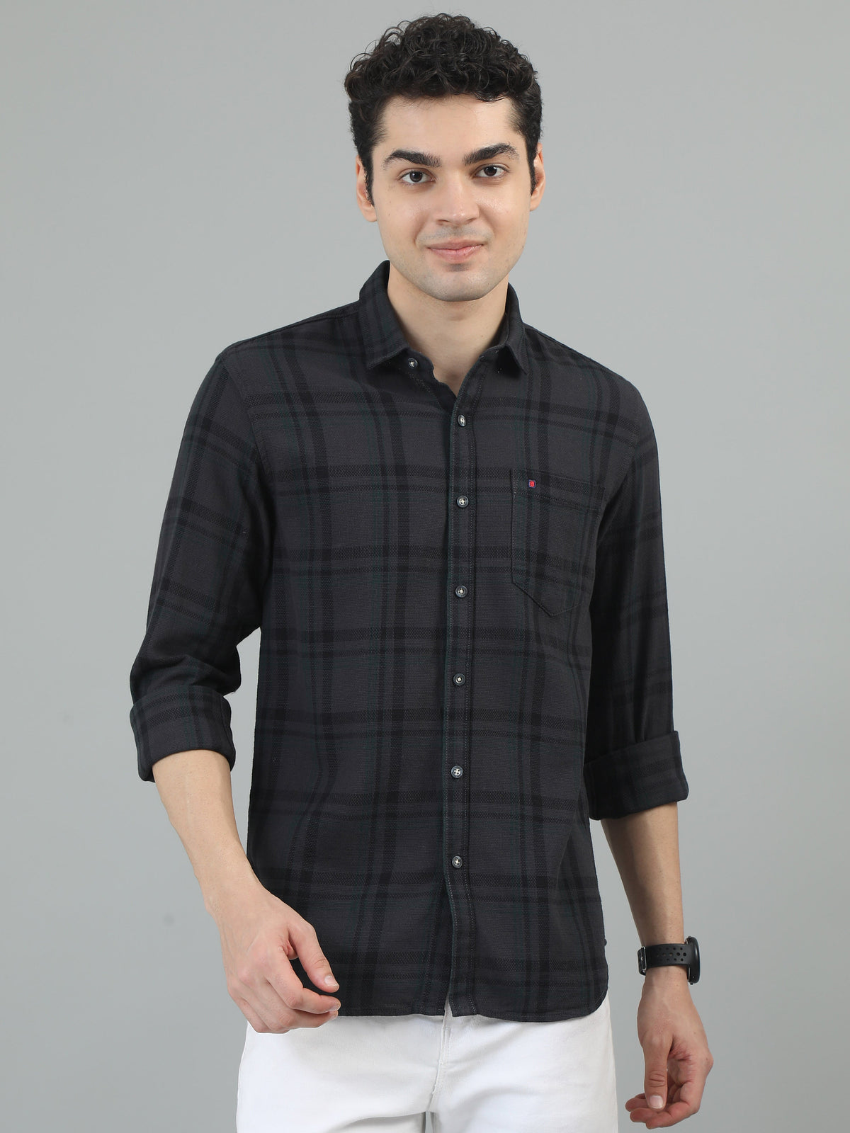 Men Dark Grey & Green Slim Fit Checks Full Sleeve Casual Shirt