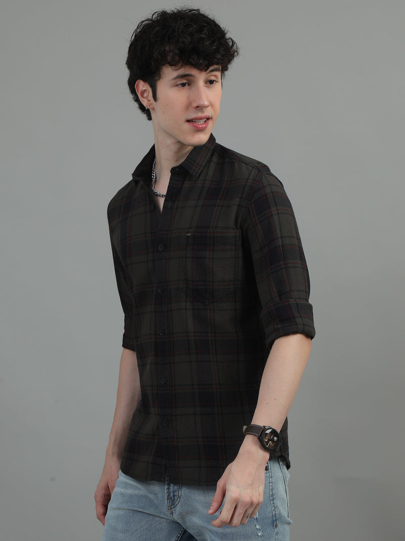 Men Green Slim Fit Checks Full Sleeve Casual Shirt