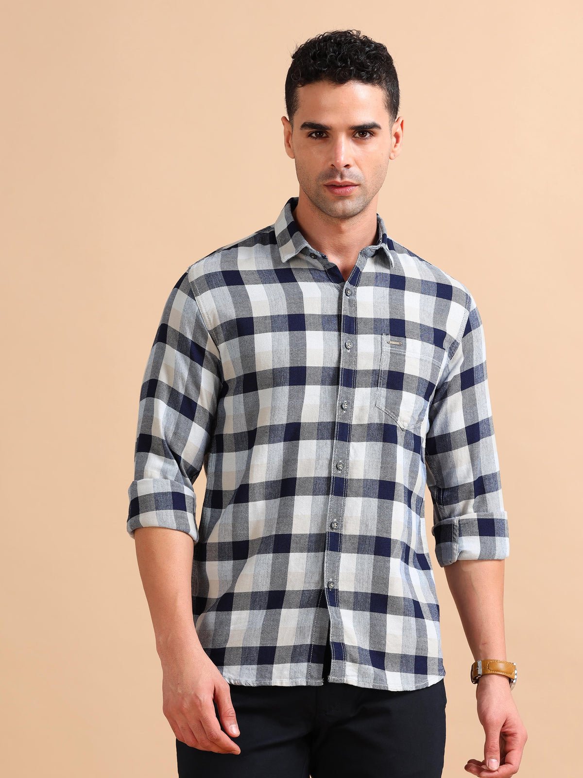 Men Blue & Beige Slim Fit Checks Full Sleeve Casual Shirt