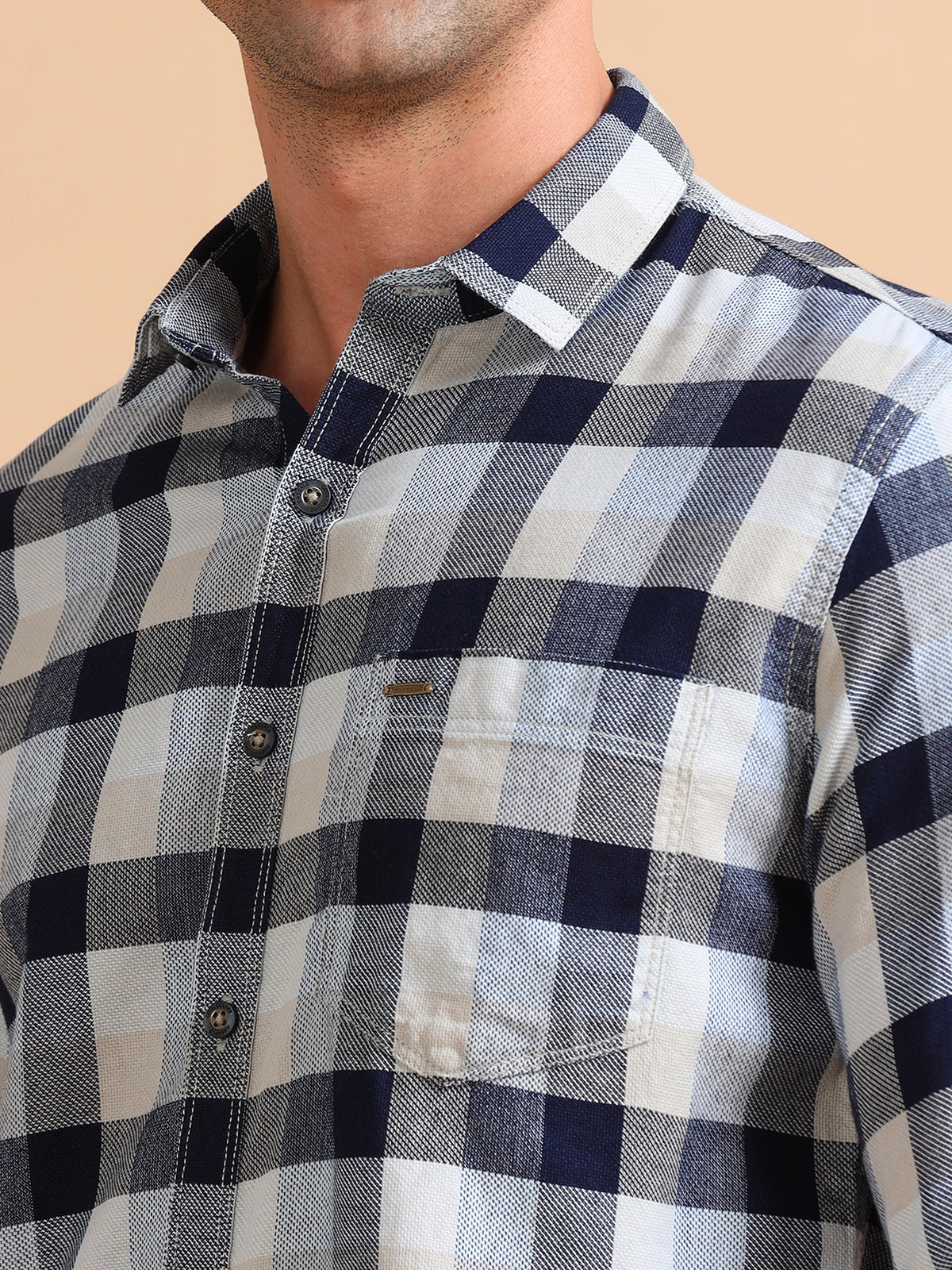 Men Blue & Beige Slim Fit Checks Full Sleeve Casual Shirt