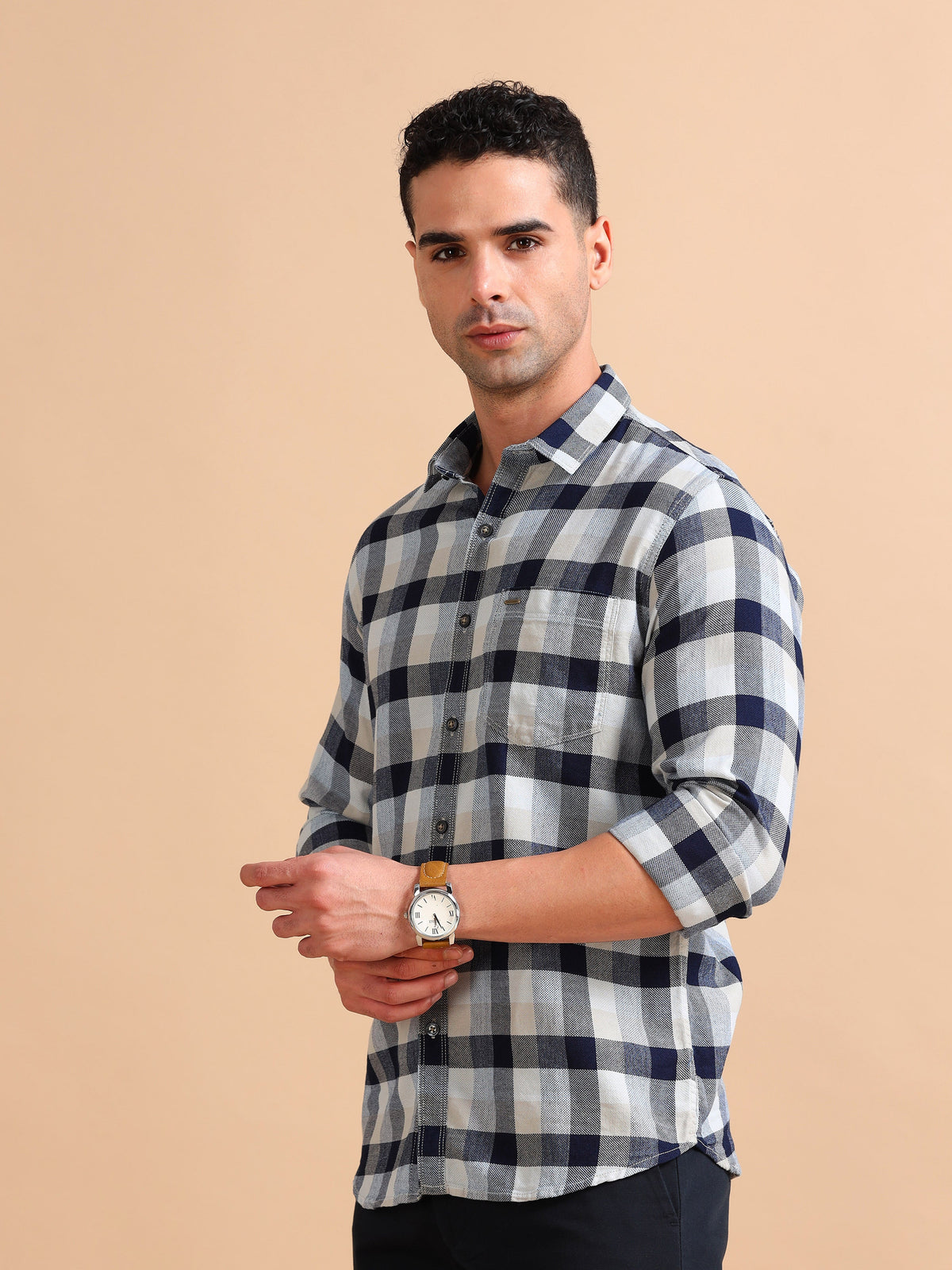 Men Blue & Beige Slim Fit Checks Full Sleeve Casual Shirt