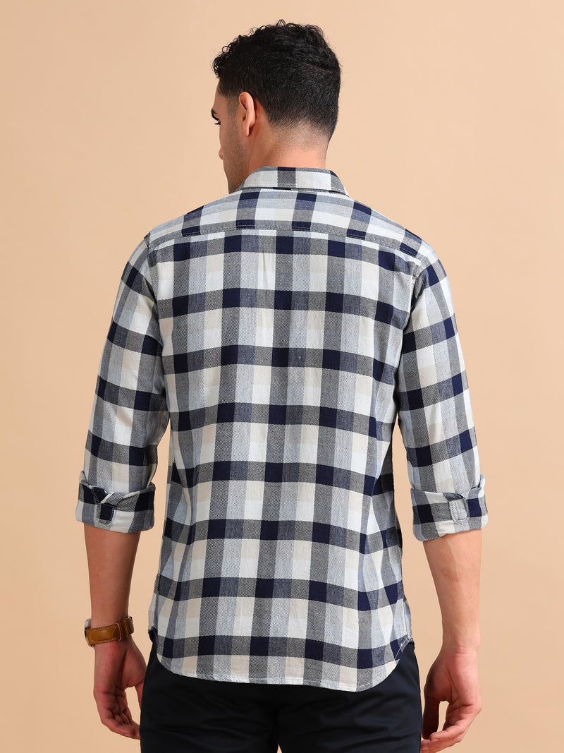 Men Blue & Beige Slim Fit Checks Full Sleeve Casual Shirt