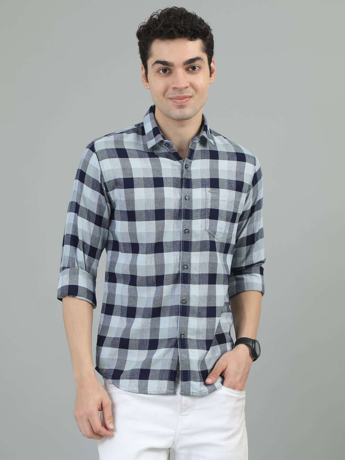 Men Navy Blue Slim Fit Checks Full Sleeve Casual Shirt