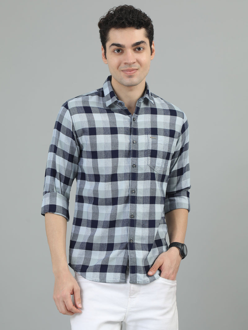 Men Navy Blue Slim Fit Checks Full Sleeve Casual Shirt