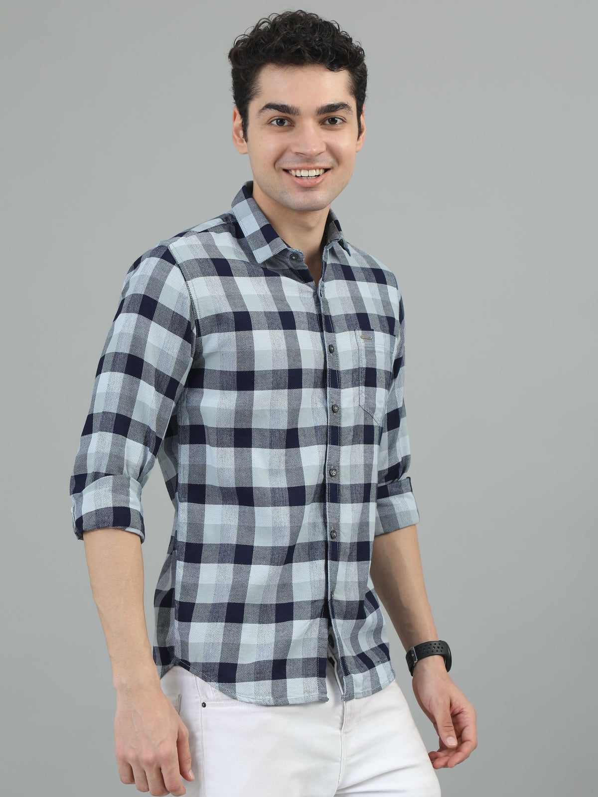 Men Navy Blue Slim Fit Checks Full Sleeve Casual Shirt