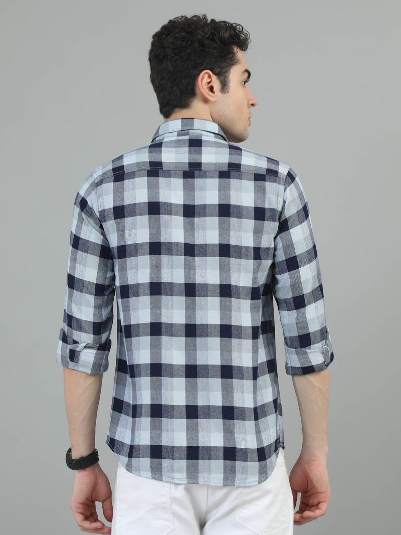 Men Navy Blue Slim Fit Checks Full Sleeve Casual Shirt