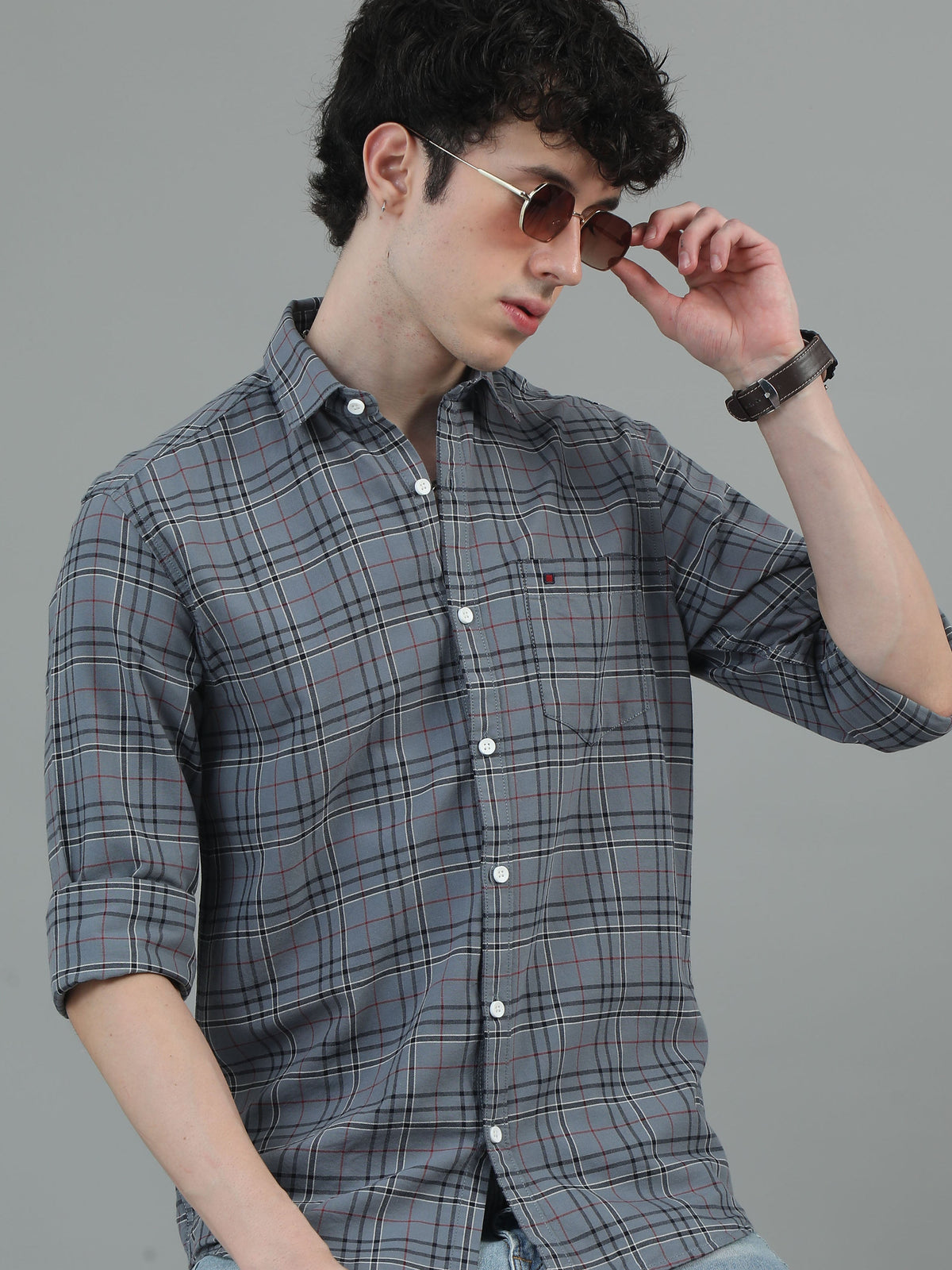 Men Grey Slim Fit Checks Full Sleeve Casual Shirt