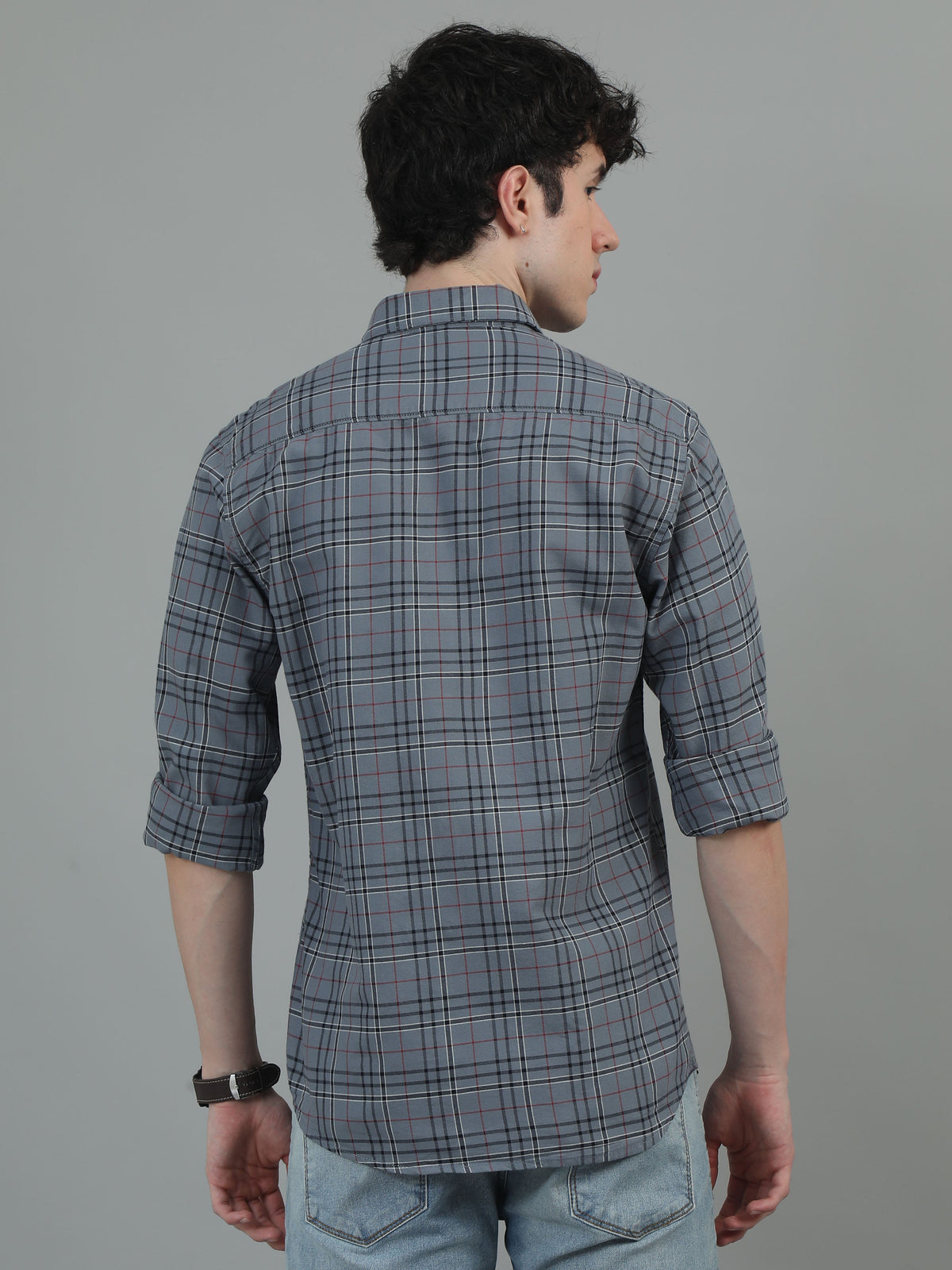 Men Grey Slim Fit Checks Full Sleeve Casual Shirt