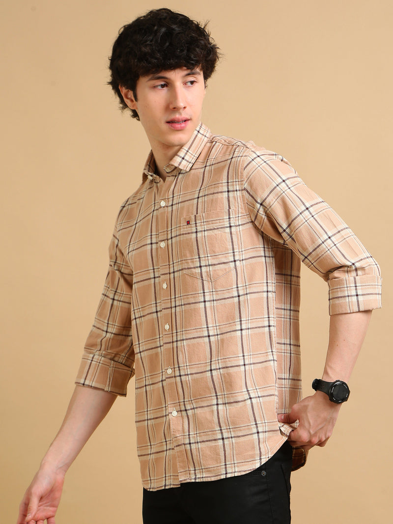 Men Beige Slim Fit Checks Full Sleeve Casual Shirt