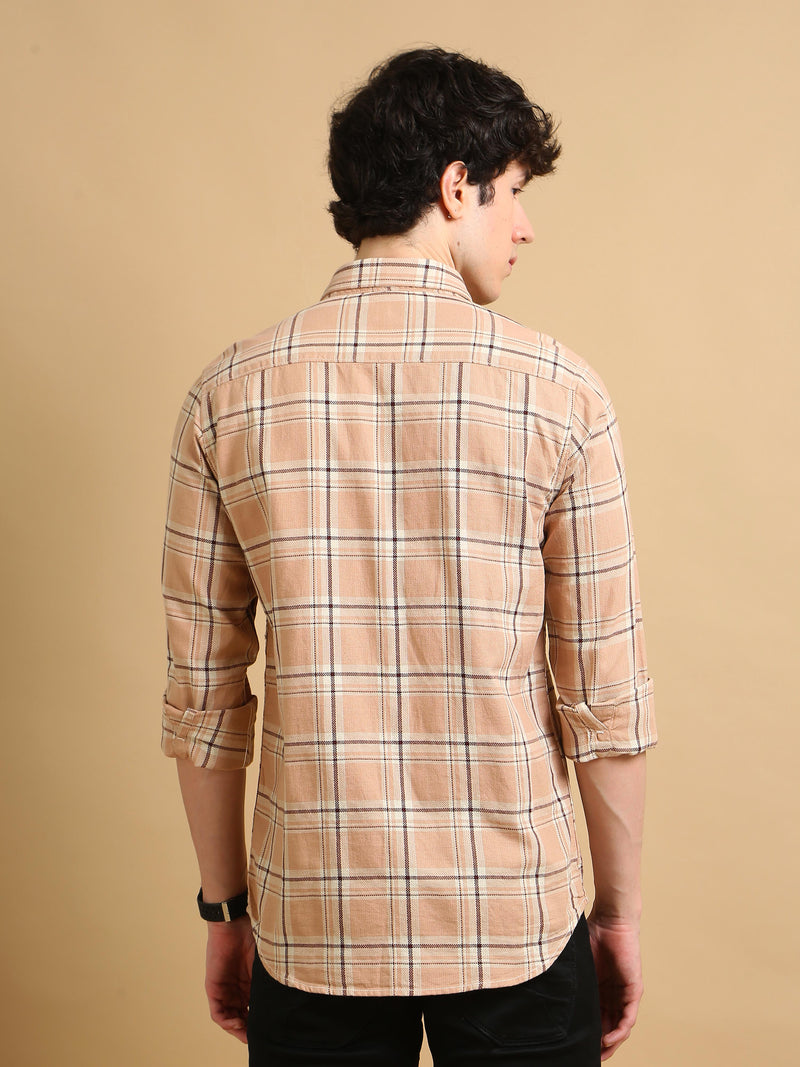 Men Beige Slim Fit Checks Full Sleeve Casual Shirt