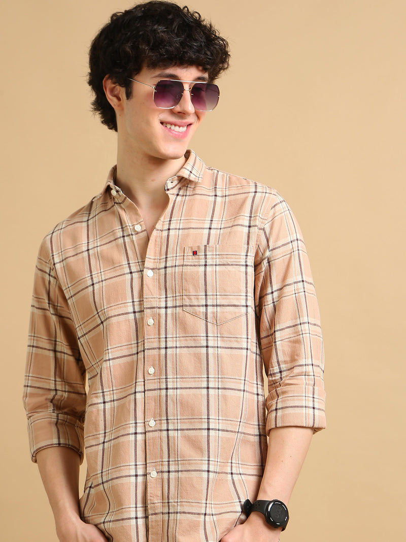 Men Beige Slim Fit Checks Full Sleeve Casual Shirt