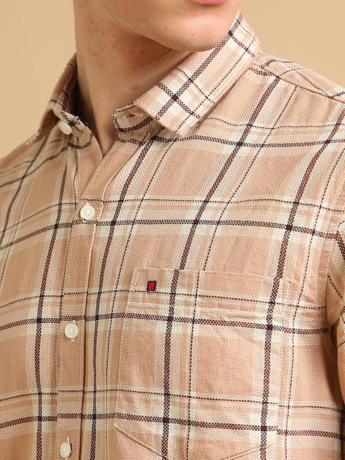 Men Beige Slim Fit Checks Full Sleeve Casual Shirt