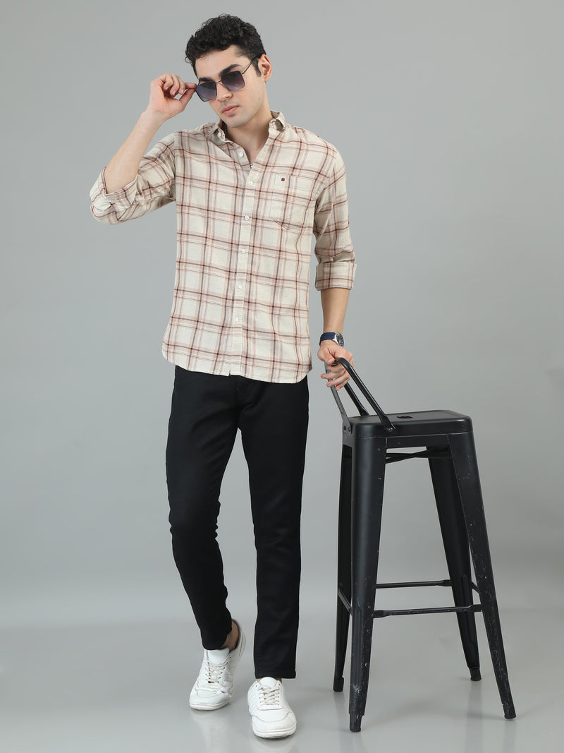 Men Beige Slim Fit Checks Full Sleeve Casual Shirt