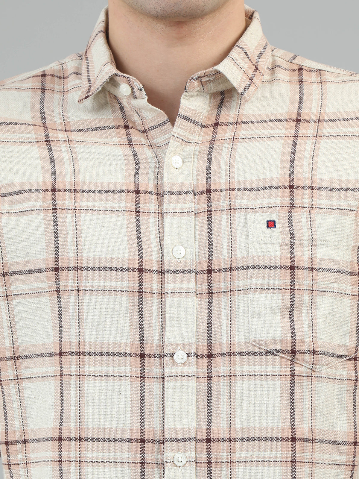 Men Beige Slim Fit Checks Full Sleeve Casual Shirt