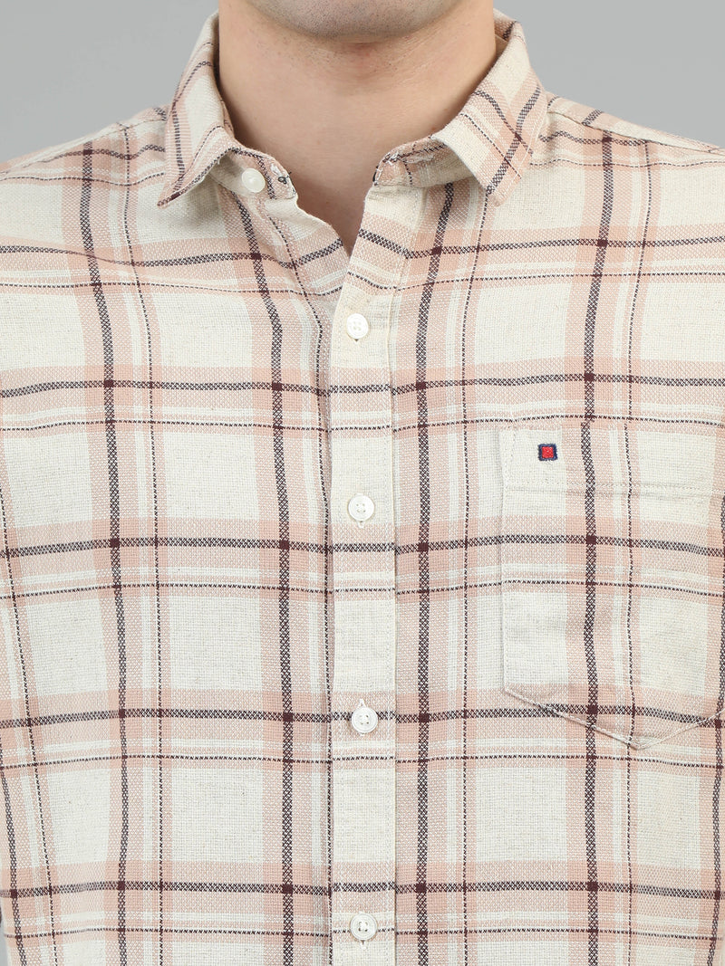 Men Beige Slim Fit Checks Full Sleeve Casual Shirt