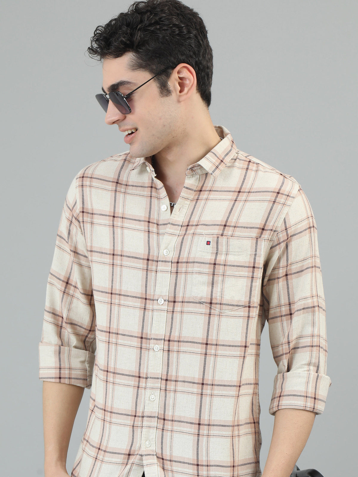 Men Beige Slim Fit Checks Full Sleeve Casual Shirt