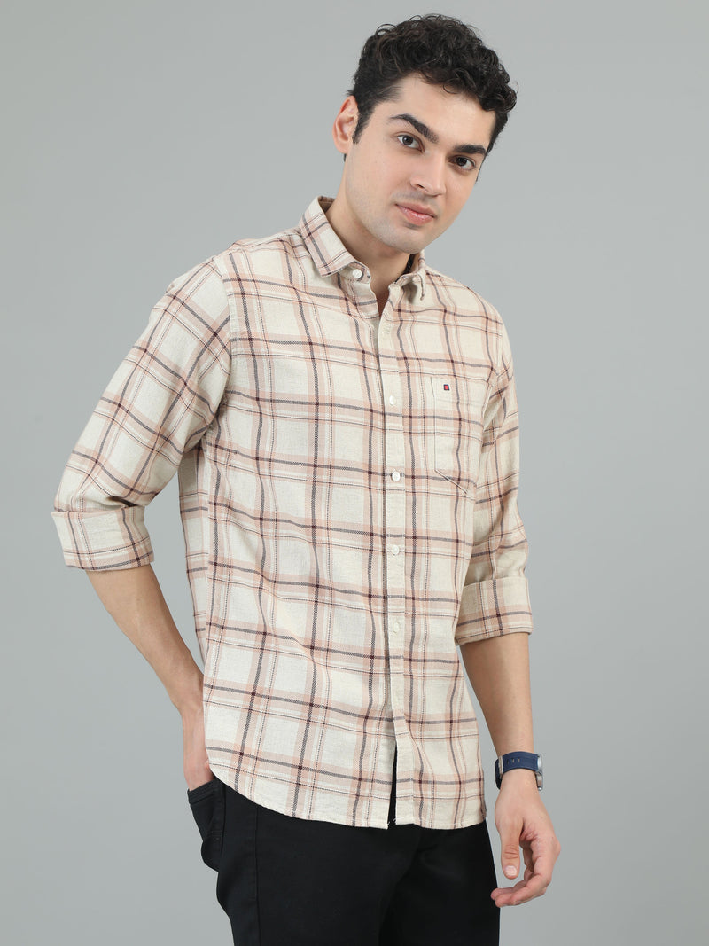 Men Beige Slim Fit Checks Full Sleeve Casual Shirt